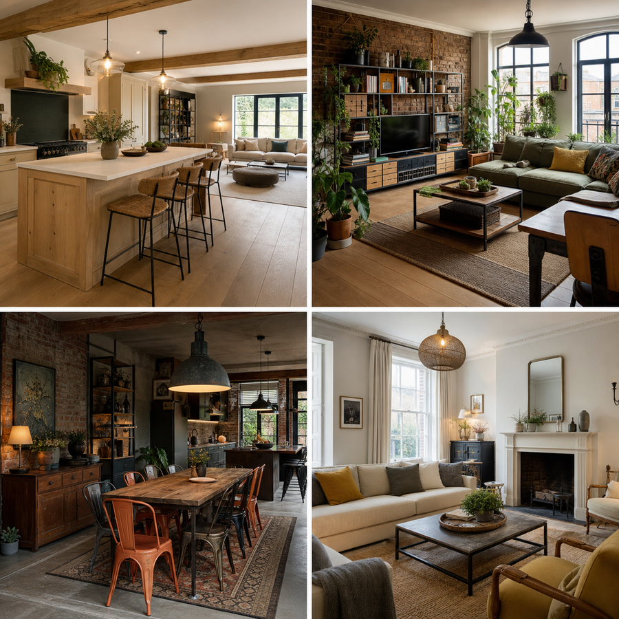 Four merged kitchen and living style ideas including contemporary country urban botanical retro industrial and soft minimalist traditional