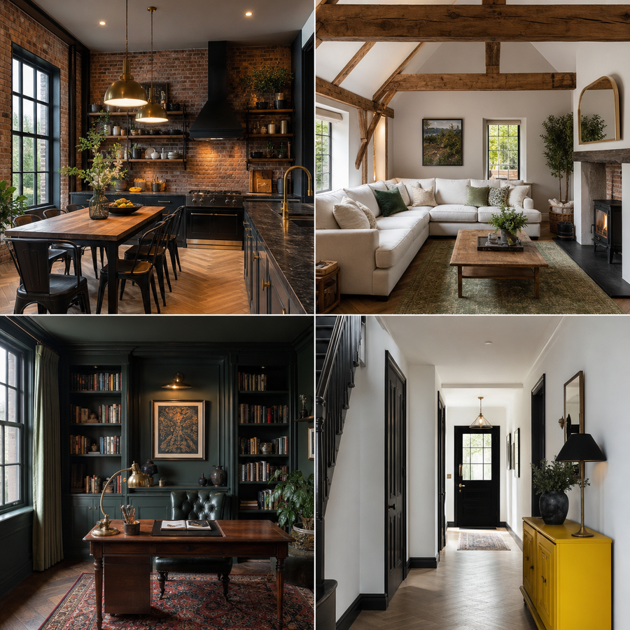 Four merged style interiors including luxe industrial cottage modern dark academia and minimalist colour pop