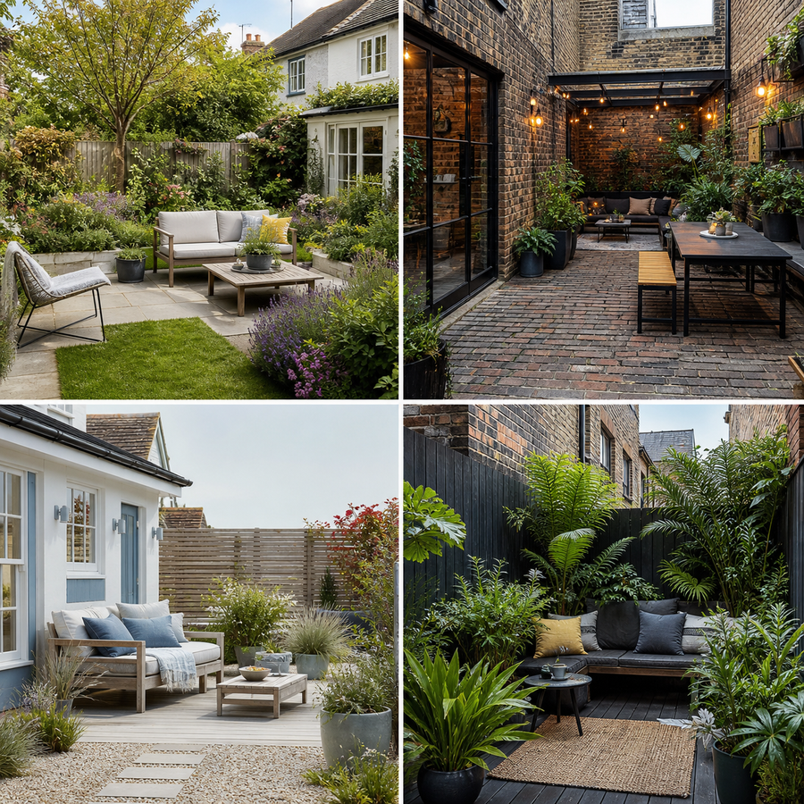 Four merged outdoor styles including modern cottage industrial courtyard coastal patio and jungle terrace