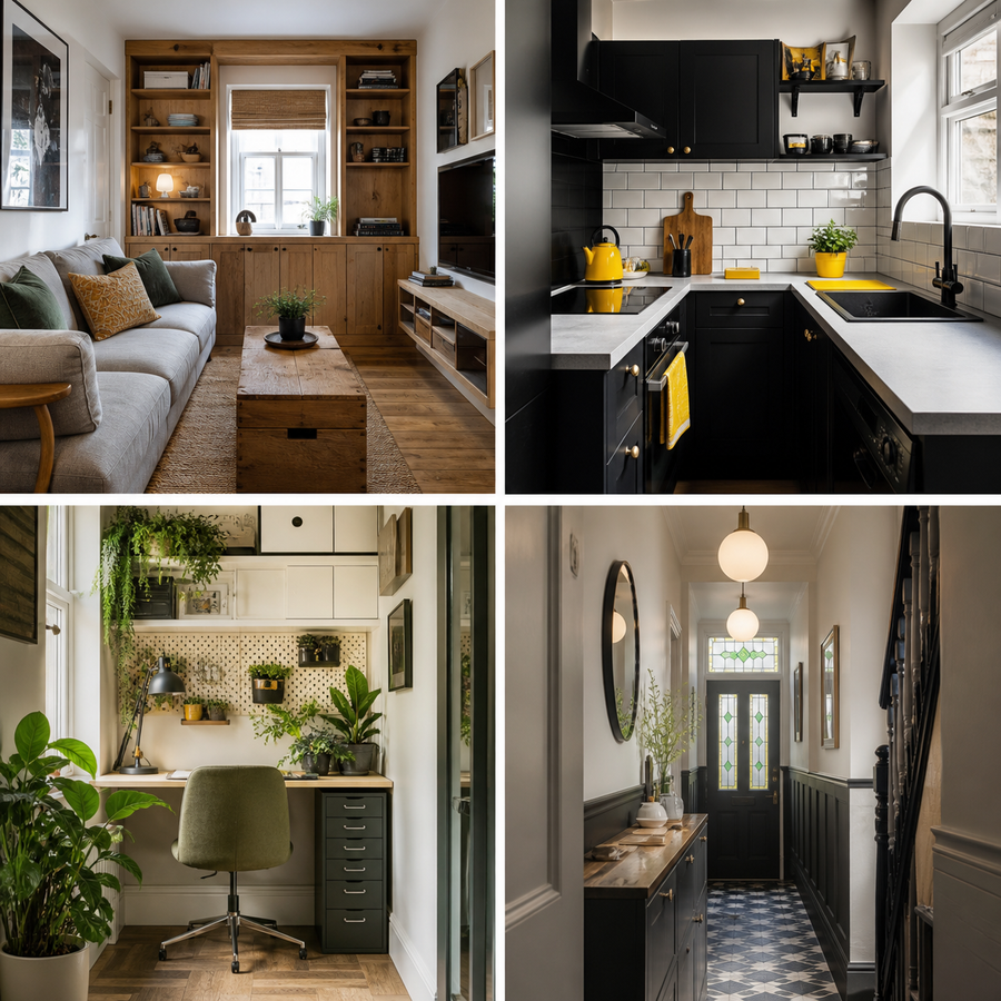 Four merged small space ideas including compact rustic bold monochrome biophilic workspace and narrow hallway