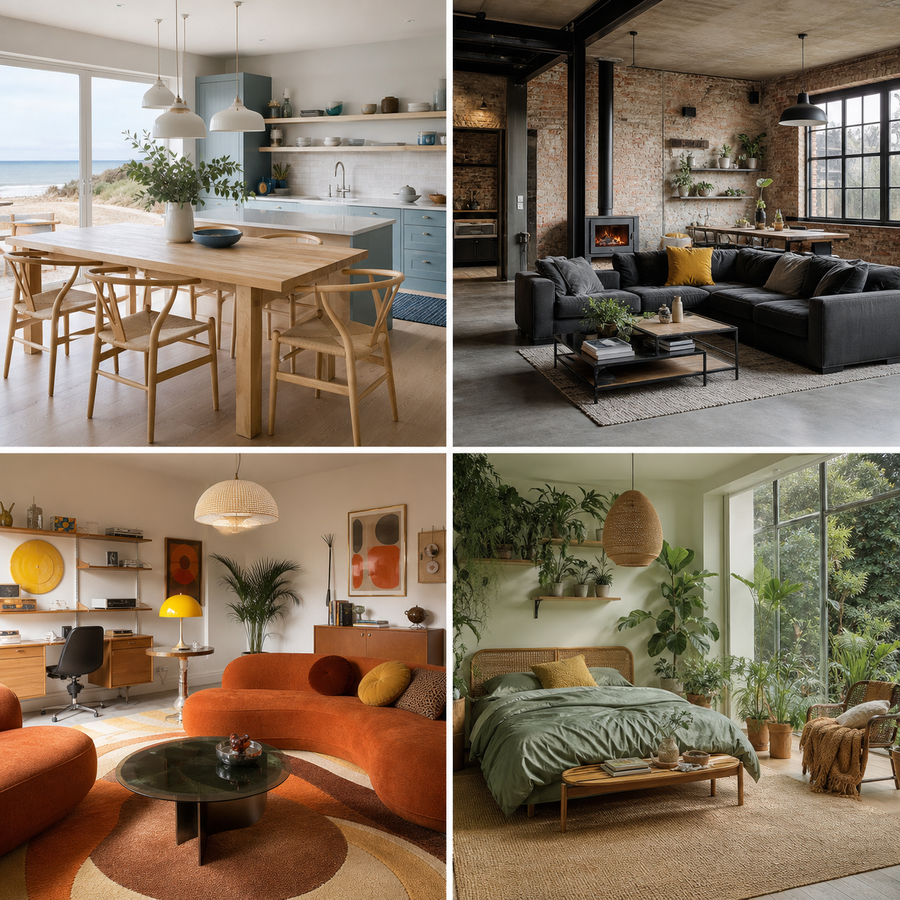 Four interior style directions including coastal industrial retro seventies and biophilic