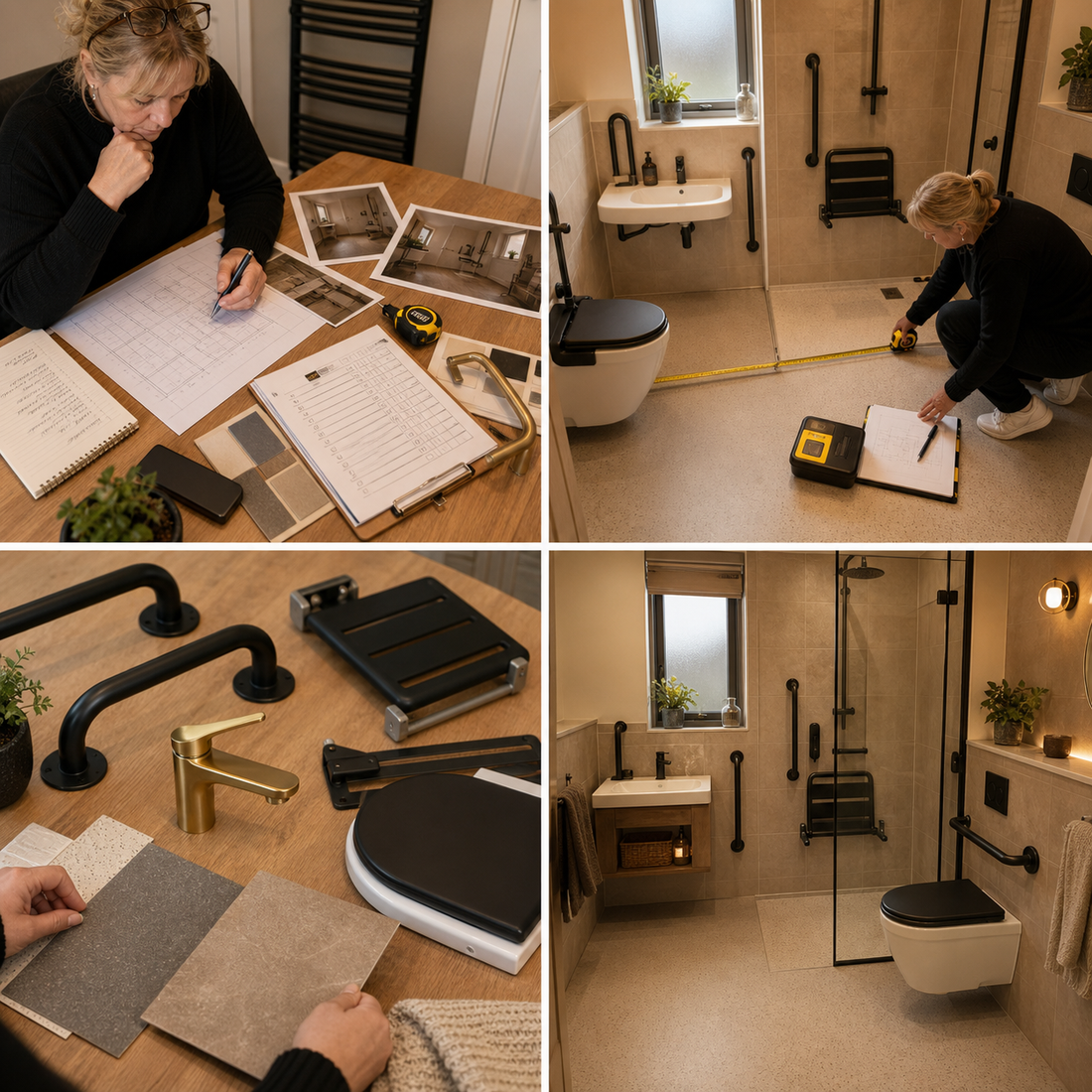 Stylish accessible bathroom upgrades including contrast, rails, seating, lighting and clear floor space