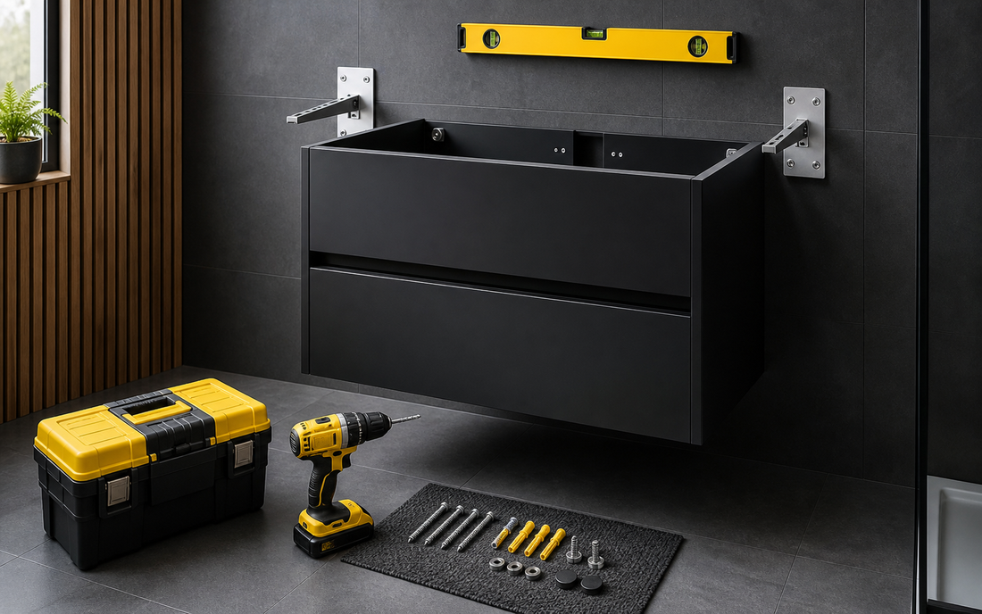 Bathroom vanity unit wall fixing setup with level drill and fixings