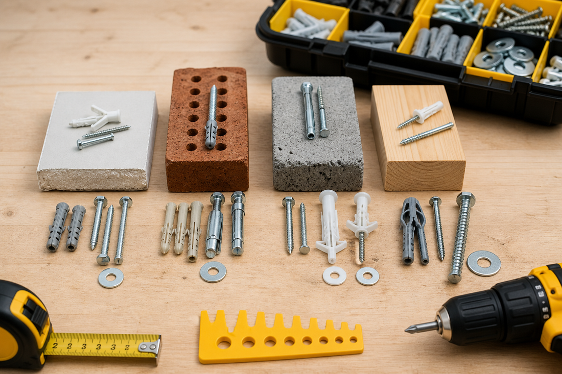 Wall fixings and screws arranged with wall material samples