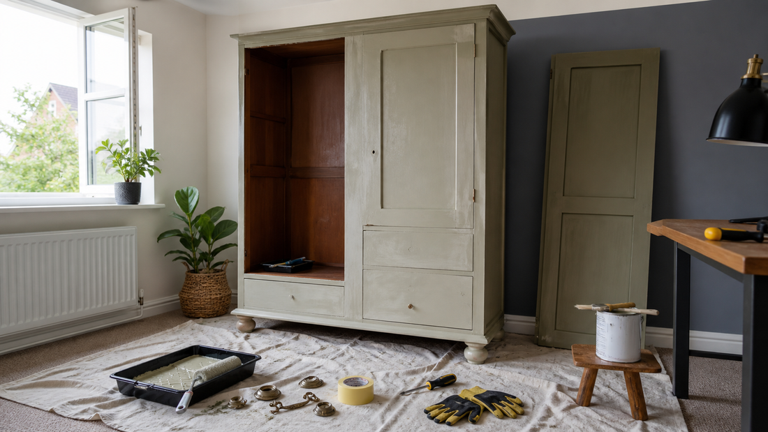 Wardrobe being painted and upcycled with tools and dust sheet for a HIP Toolbox guide