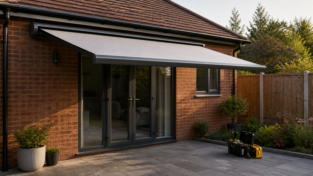 Finished retractable awning installed above patio doors on a brick wall