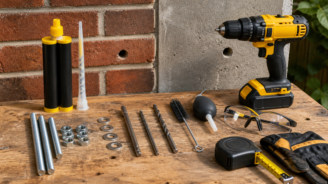 Threaded rods, resin anchor cartridge and masonry fixing tools laid out before drilling