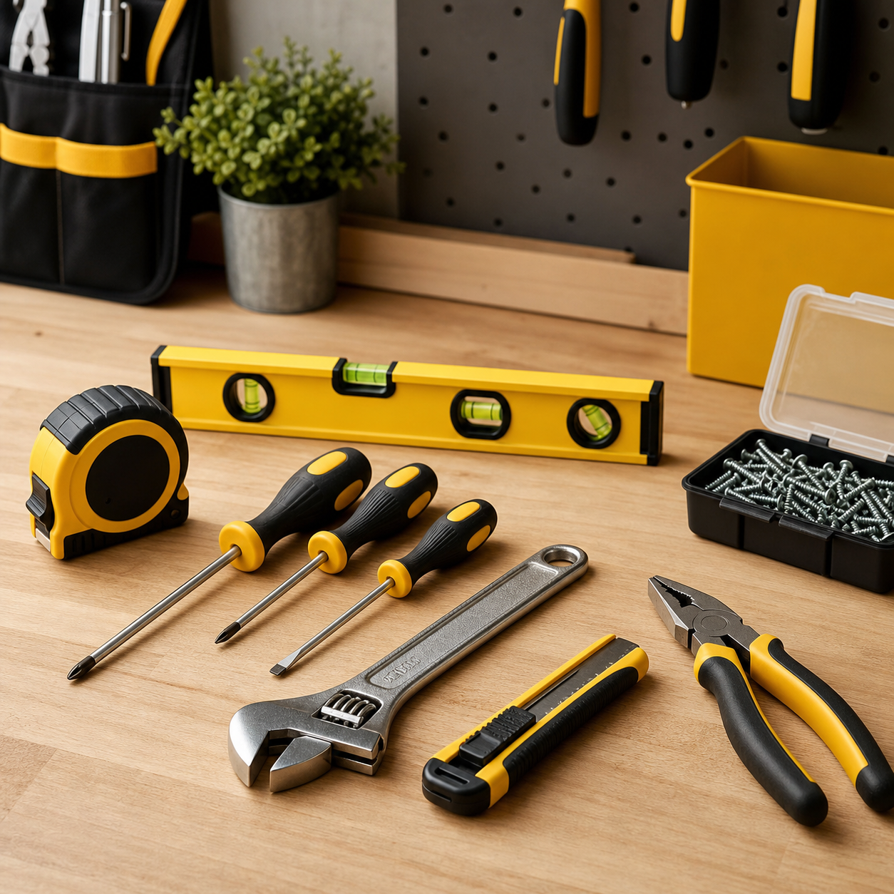 Hand tools including screwdrivers, level, tape and pliers