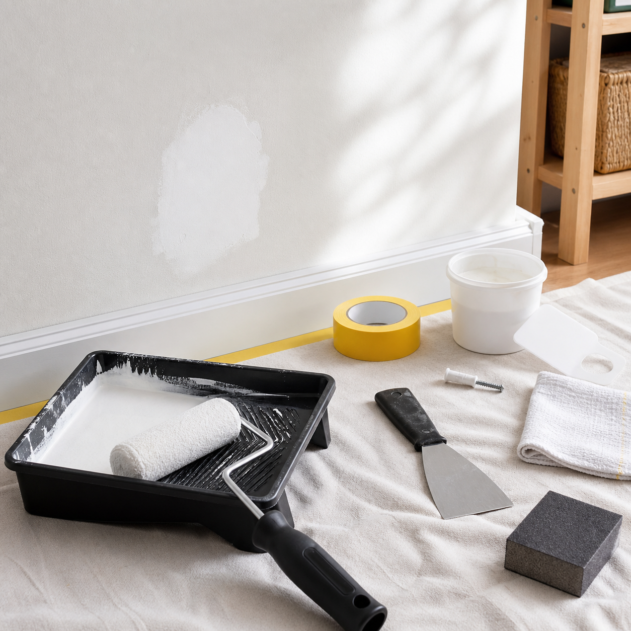 Painting and wall repair tools arranged for touch-up work