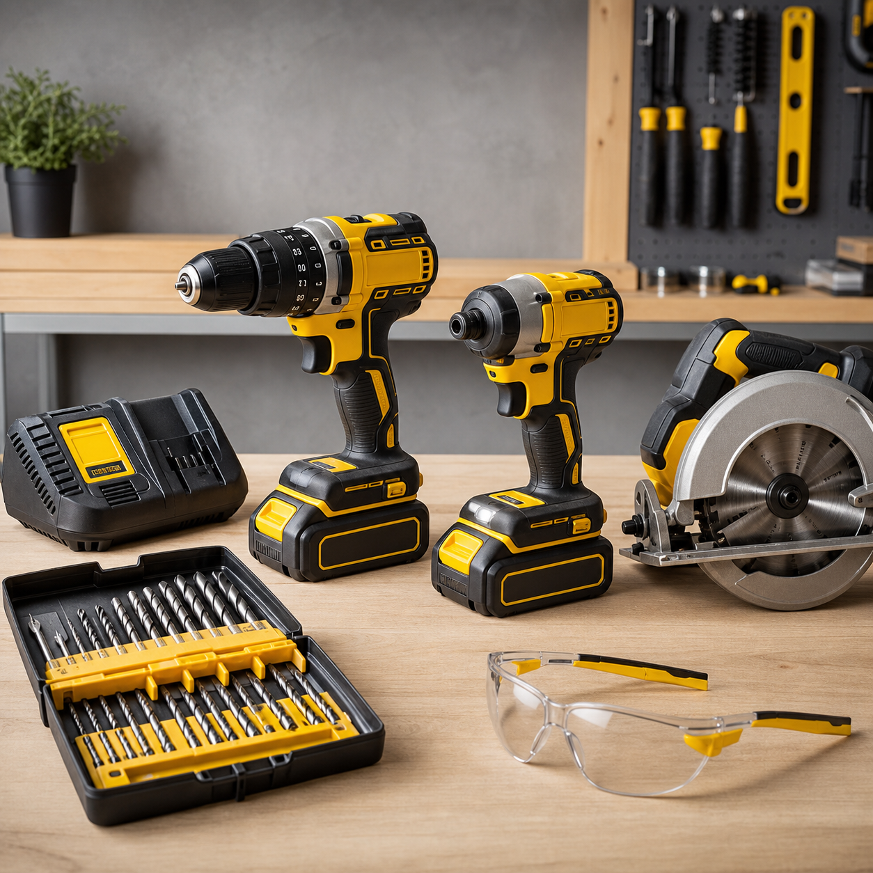 Cordless power tools and drill bits on a workbench